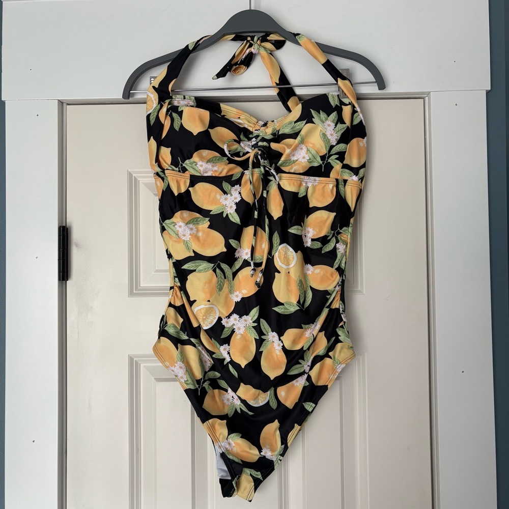Lemon Print Halter Maternity Swimsuit